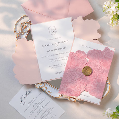 NingsPaper Dusty Rose Velvet Letterpress Pocket Wedding Invitation Suite