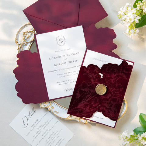 NingsPaper Burgundy Velvet Letterpress Pocket Wedding Invitation Suite