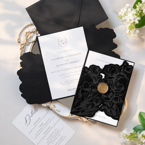 NingsPaper Black Velvet Letterpress Pocket Wedding Invitation Suite