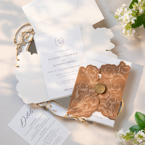 NingsPaper Brown Velvet Letterpress Pocket Wedding Invitation Suite