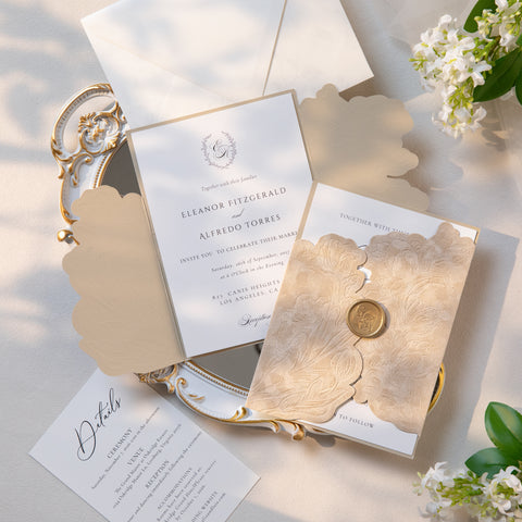 NingsPaper Champagne Velvet Letterpress Pocket Wedding Invitation Suite