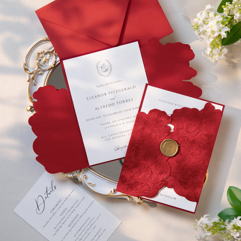 NingsPaper Red Velvet Letterpress Pocket Wedding Invitation Suite