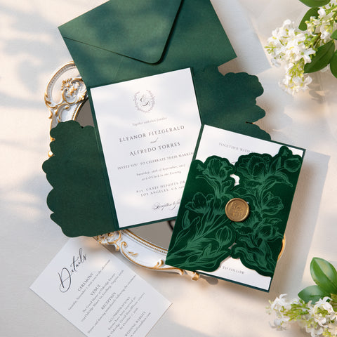 NingsPaper Emerald Green Velvet Letterpress Pocket Wedding Invitation Suite