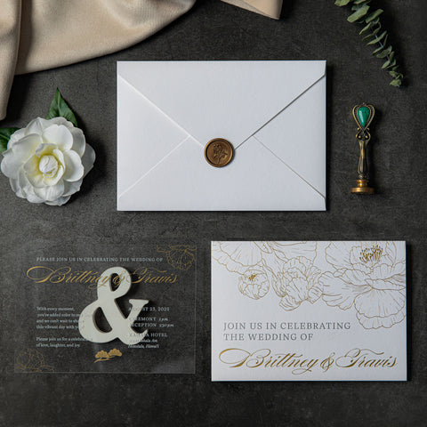 NingsPaper Clear Acrylic Wedding Invitation Cards with Foil Print in Gold Pocket and Envelopes