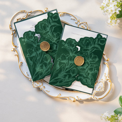 NingsPaper Emerald Green Velvet Letterpress Pocket Wedding Invitation Suite