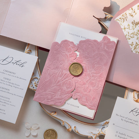 NingsPaper Dusty Rose Velvet Letterpress Pocket Wedding Invitation Suite