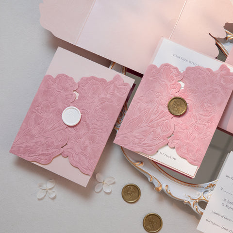 NingsPaper Dusty Rose Velvet Letterpress Pocket Wedding Invitation Suite