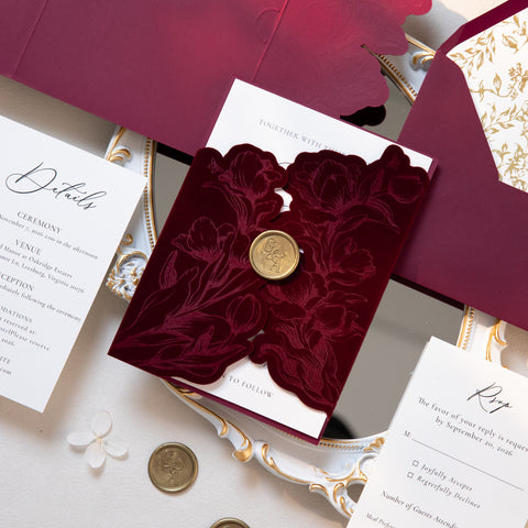 NingsPaper Burgundy Velvet Letterpress Pocket Wedding Invitation Suite