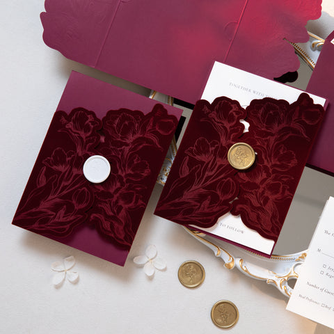 NingsPaper Burgundy Velvet Letterpress Pocket Wedding Invitation Suite