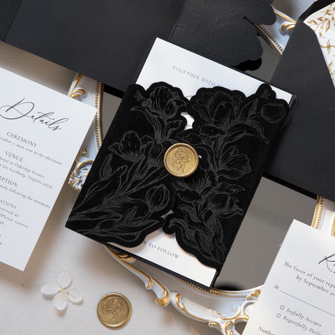 NingsPaper Black Velvet Letterpress Pocket Wedding Invitation Suite