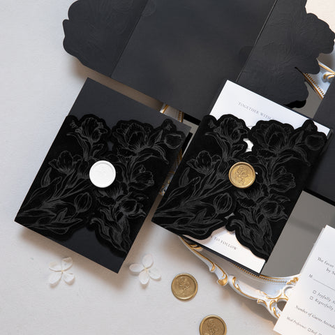 NingsPaper Black Velvet Letterpress Pocket Wedding Invitation Suite