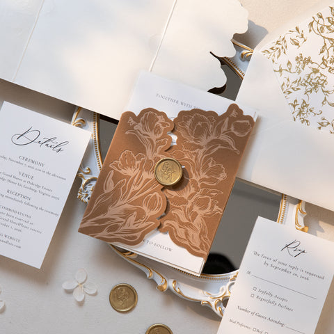 NingsPaper Brown Velvet Letterpress Pocket Wedding Invitation Suite