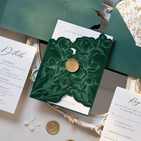 NingsPaper Emerald Green Velvet Letterpress Pocket Wedding Invitation Suite