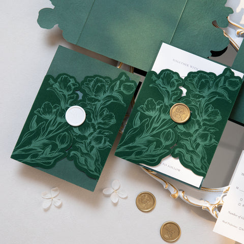 NingsPaper Emerald Green Velvet Letterpress Pocket Wedding Invitation Suite