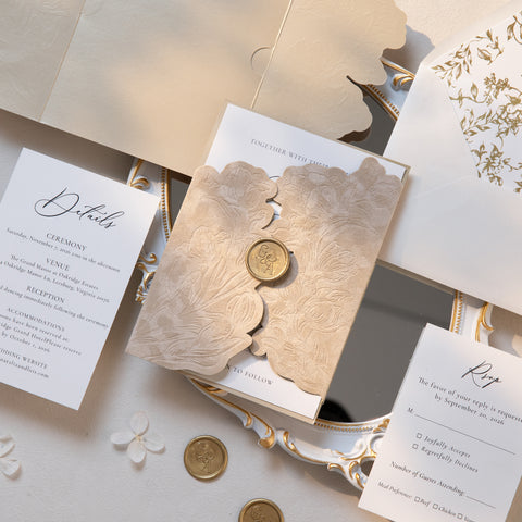 NingsPaper Champagne Velvet Letterpress Pocket Wedding Invitation Suite
