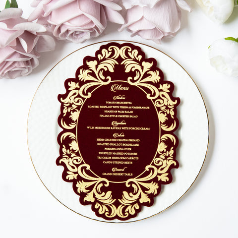 NingsPaper Burgundy Velvet Foil Print in Gold Wedding Menu