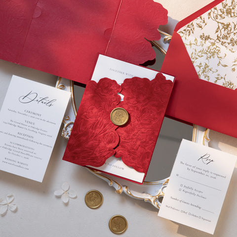 NingsPaper Red Velvet Letterpress Pocket Wedding Invitation Suite