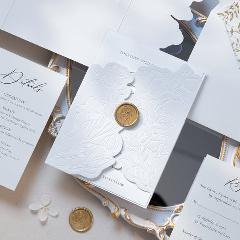 NingsPaper White Velvet Letterpress Pocket Wedding Invitation Suite