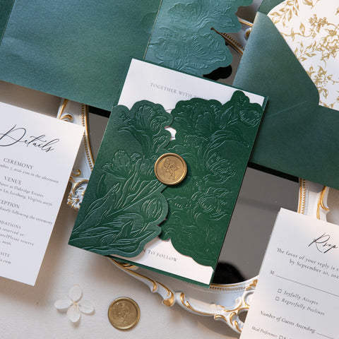 NingsPaper Emerald Green Shiny Letterpress Pocket Wedding Invitation Suite