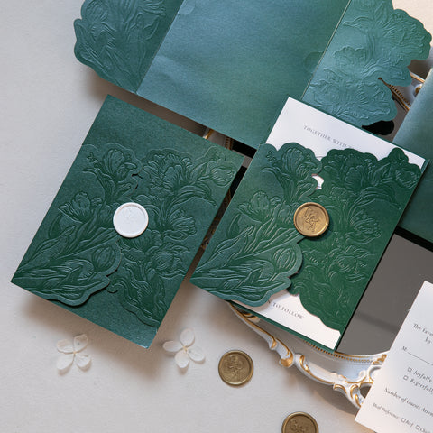NingsPaper Emerald Green Shiny Letterpress Pocket Wedding Invitation Suite