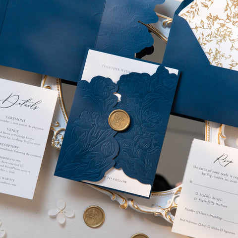 NingsPaper Navy Blue Shiny Letterpress Pocket Wedding Invitation Suite