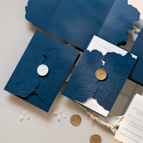 NingsPaper Navy Blue Shiny Letterpress Pocket Wedding Invitation Suite