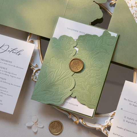 NingsPaper Sage Green Letterpress Pocket Wedding Invitation Suite