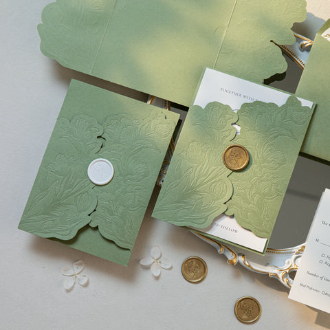 NingsPaper Sage Green Letterpress Pocket Wedding Invitation Suite