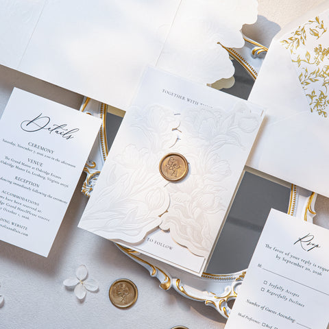 NingsPaper Ivory Shiny Letterpress Pocket Wedding Invitation Suite