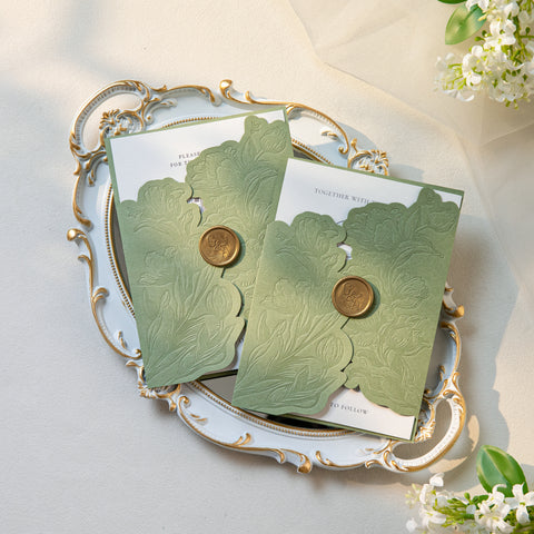 NingsPaper Sage Green Letterpress Pocket Wedding Invitation Suite