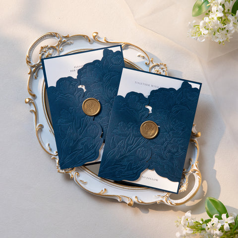 NingsPaper Navy Blue Shiny Letterpress Pocket Wedding Invitation Suite