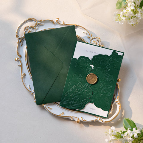 NingsPaper Emerald Green Shiny Letterpress Pocket Wedding Invitation Suite