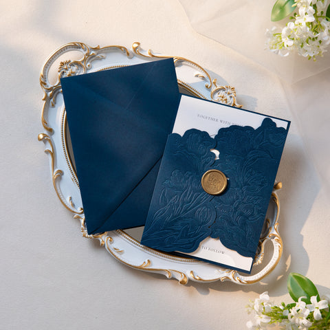 NingsPaper Navy Blue Shiny Letterpress Pocket Wedding Invitation Suite