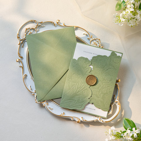 NingsPaper Sage Green Letterpress Pocket Wedding Invitation Suite