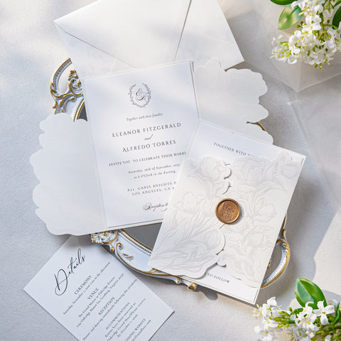 NingsPaper Ivory Shiny Letterpress Pocket Wedding Invitation Suite
