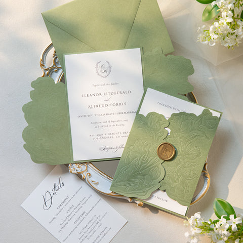 NingsPaper Sage Green Letterpress Pocket Wedding Invitation Suite
