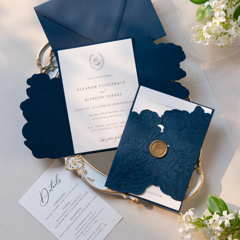 NingsPaper Navy Blue Shiny Letterpress Pocket Wedding Invitation Suite