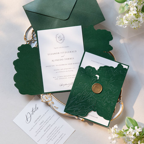 NingsPaper Emerald Green Shiny Letterpress Pocket Wedding Invitation Suite