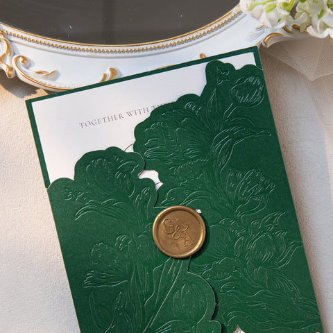 NingsPaper Emerald Green Shiny Letterpress Pocket Wedding Invitation Suite