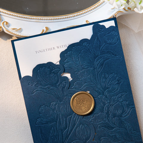 NingsPaper Navy Blue Shiny Letterpress Pocket Wedding Invitation Suite