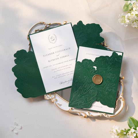 NingsPaper Emerald Green Shiny Letterpress Pocket Wedding Invitation Suite