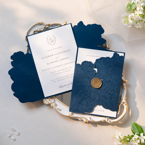 NingsPaper Navy Blue Shiny Letterpress Pocket Wedding Invitation Suite