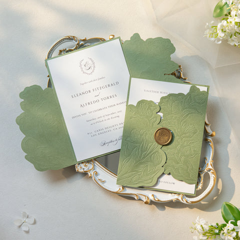 NingsPaper Sage Green Letterpress Pocket Wedding Invitation Suite