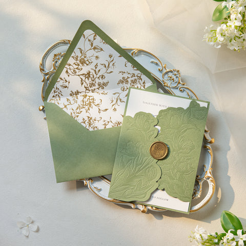 NingsPaper Sage Green Letterpress Pocket Wedding Invitation Suite