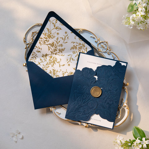 NingsPaper Navy Blue Shiny Letterpress Pocket Wedding Invitation Suite