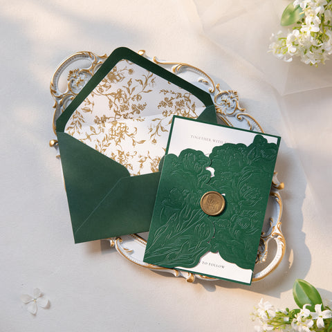 NingsPaper Emerald Green Shiny Letterpress Pocket Wedding Invitation Suite