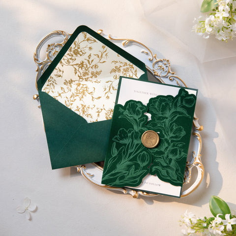 NingsPaper Emerald Green Velvet Letterpress Pocket Wedding Invitation Suite
