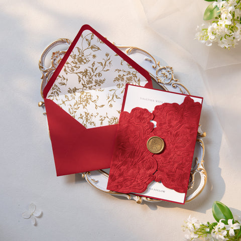 NingsPaper Red Velvet Letterpress Pocket Wedding Invitation Suite