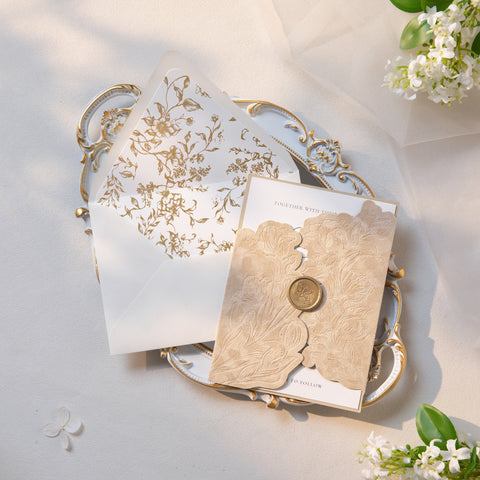 NingsPaper Champagne Velvet Letterpress Pocket Wedding Invitation Suite