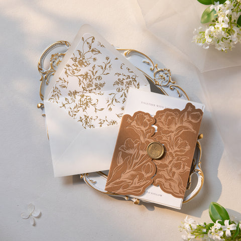 NingsPaper Brown Velvet Letterpress Pocket Wedding Invitation Suite